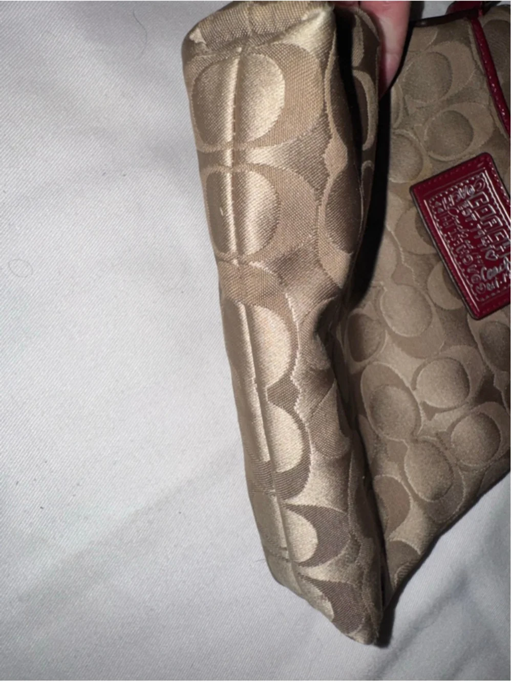 Coach Signature File Bag Crossbody Khaki Red Patent Trim Y2K Mini Messenger